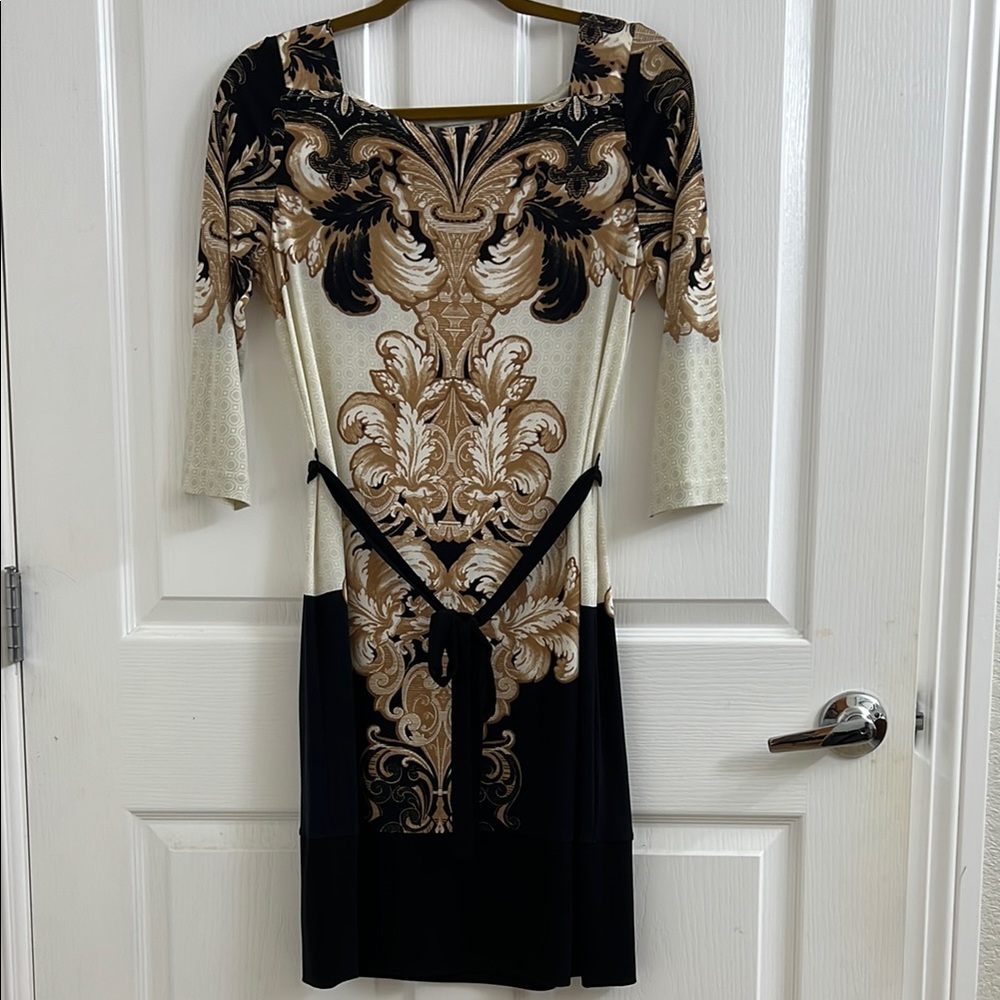 NY&Co stretch Elegant Black and Gold Patterned Dress